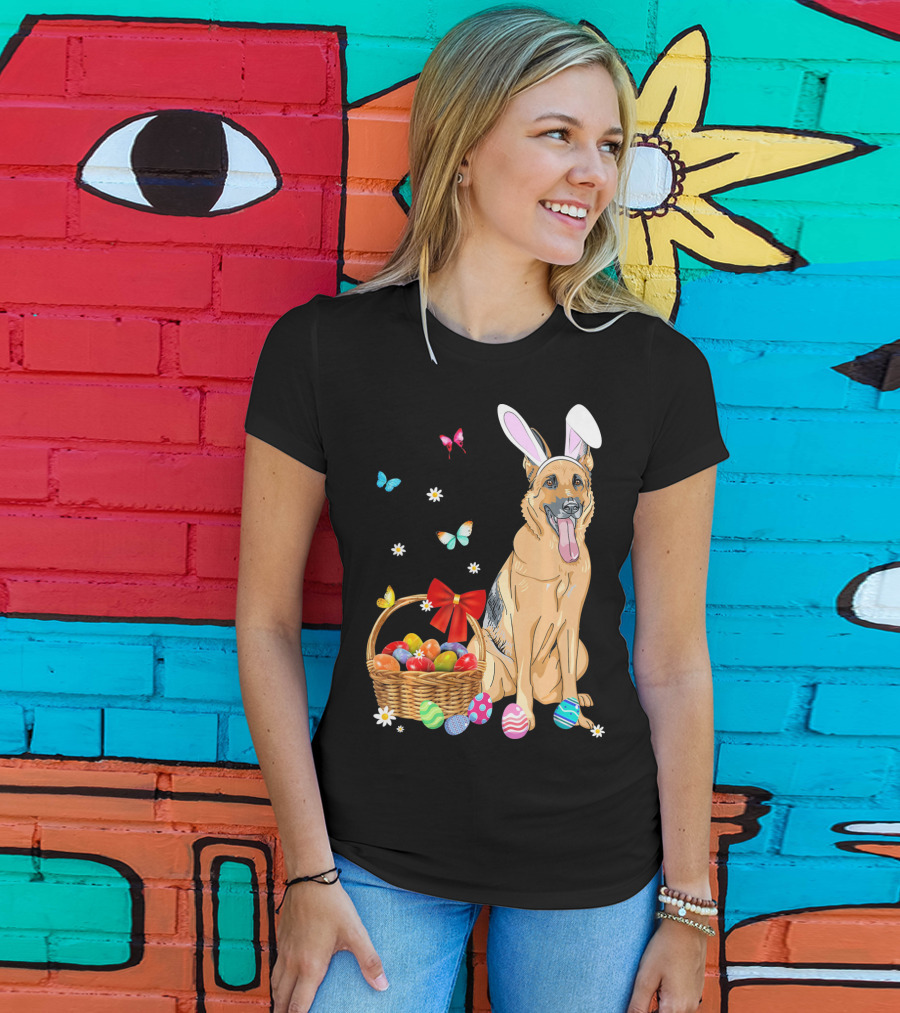 German Shepherd Bunny Ears Rabbit Easter Eggs Basket Butterflies T-Shirt