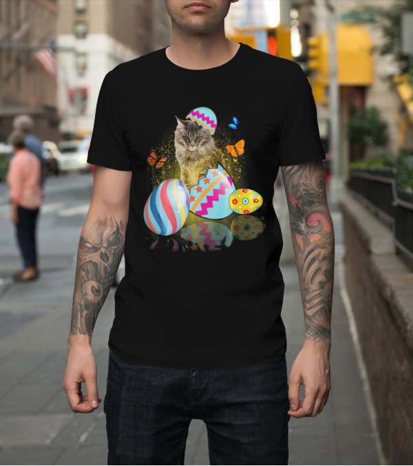 Shirt: Funny Cat with Colorful Easter Eggs and Butterflies for Cat Lovers T-Shirt Funny Cat with Colorful Easter Eggs and Butterflies for Cat Lovers T-Shirt