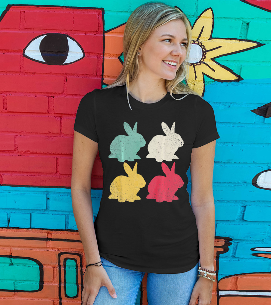 Retro Easter Bunny Rabbit Vintage Color Silhouette Quartet T-Shirt