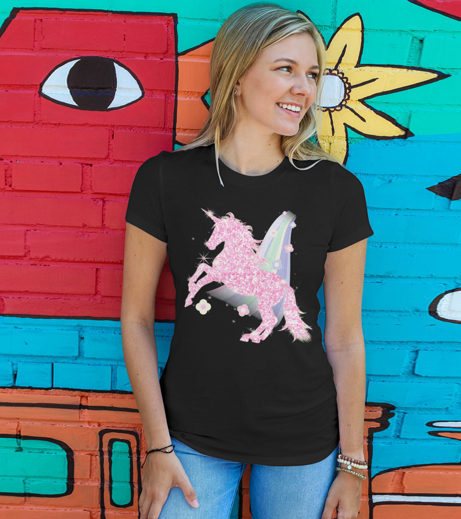 Pink Sparkle Unicorn With Easter Flowers And Rainbow Mane T-Shirt