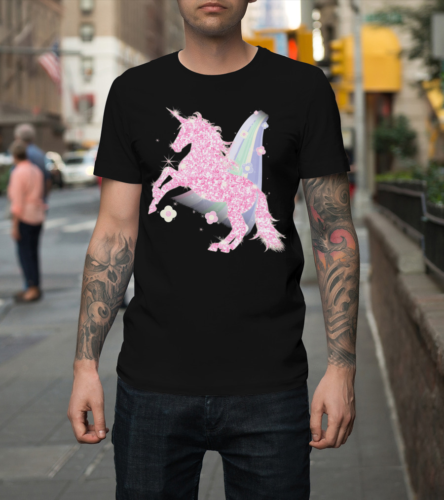 Pink Sparkle Unicorn With Easter Flowers And Rainbow Mane T-Shirt