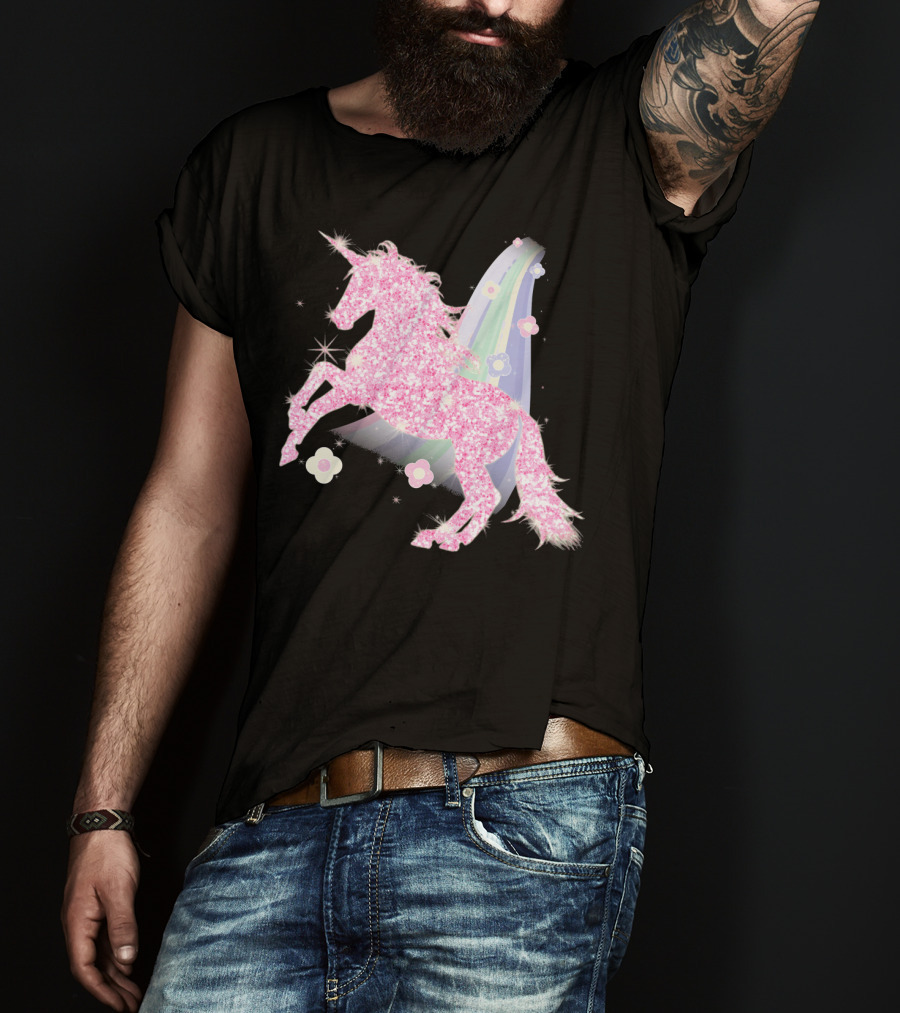 Pink Sparkle Unicorn With Easter Flowers And Rainbow Mane T-Shirt