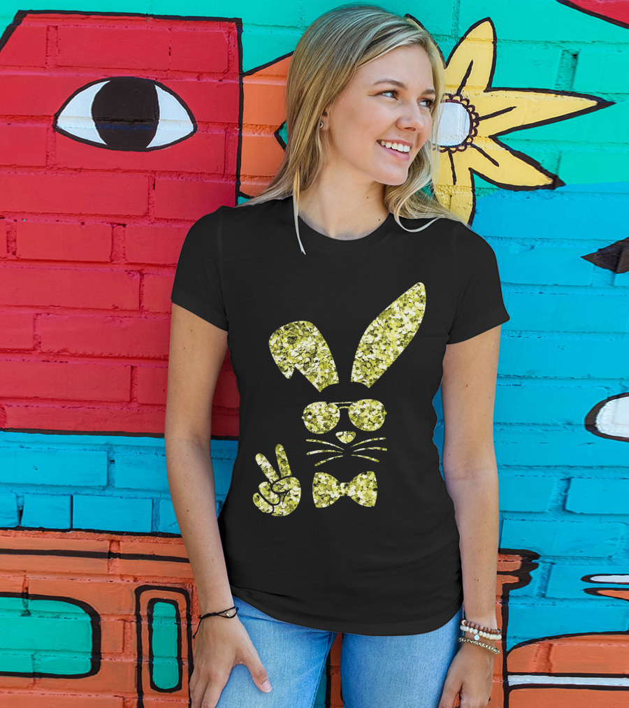 Easter Bunny Girls Cute Gold Glitter Bunny With Sunglasses And Bow Tie T-Shirt