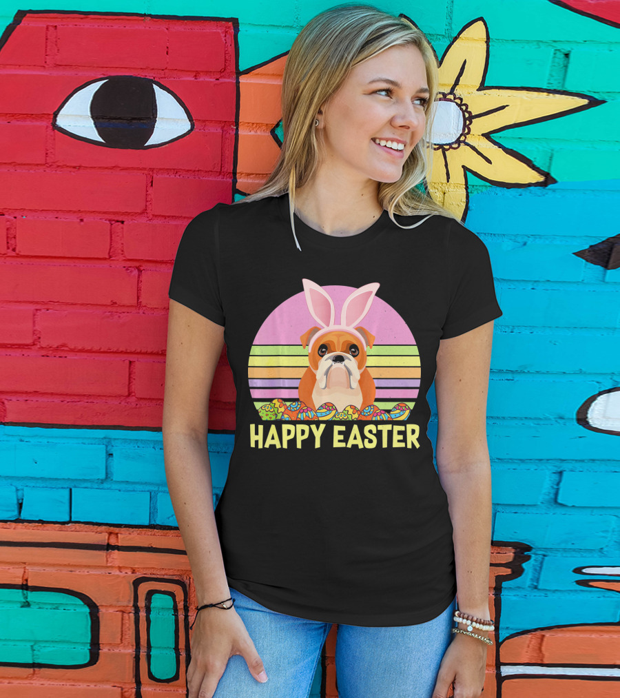 Happy Easter Day British Bulldog Bunny Ears Rainbow Eggs Retro T-Shirt