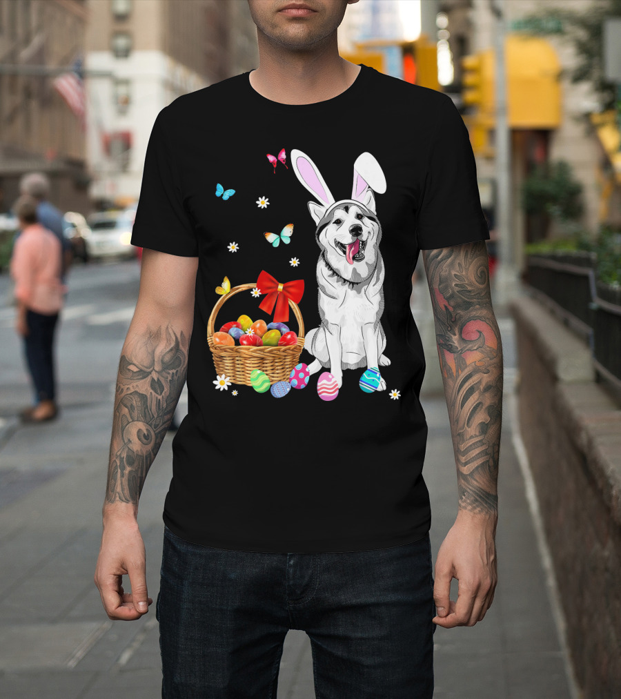 Siberian Husky Bunny Ears Easter Basket Eggs Butterflies T-Shirt