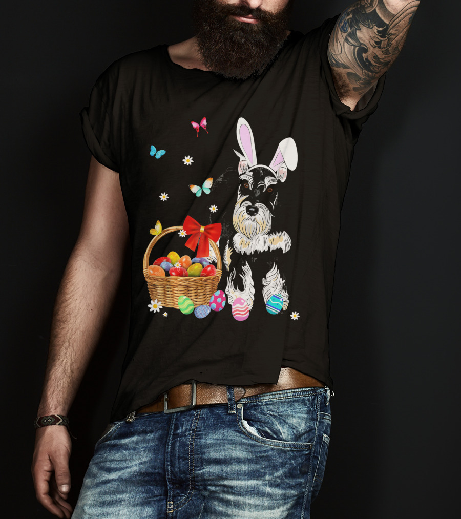 Miniature Schnauzer Bunny Ear With Easter Egg Basket And Butterflies T-Shirt