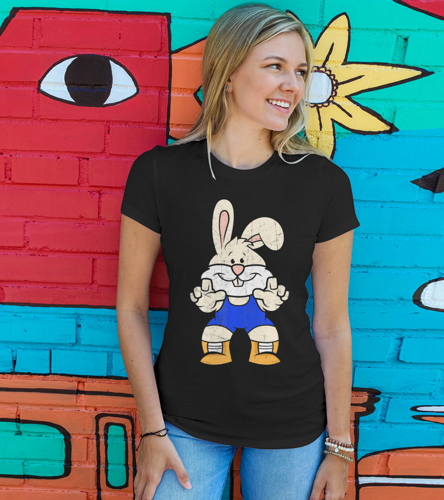 Wrestler Bunny In Blue Gear With Wrestling Pose T-Shirt
