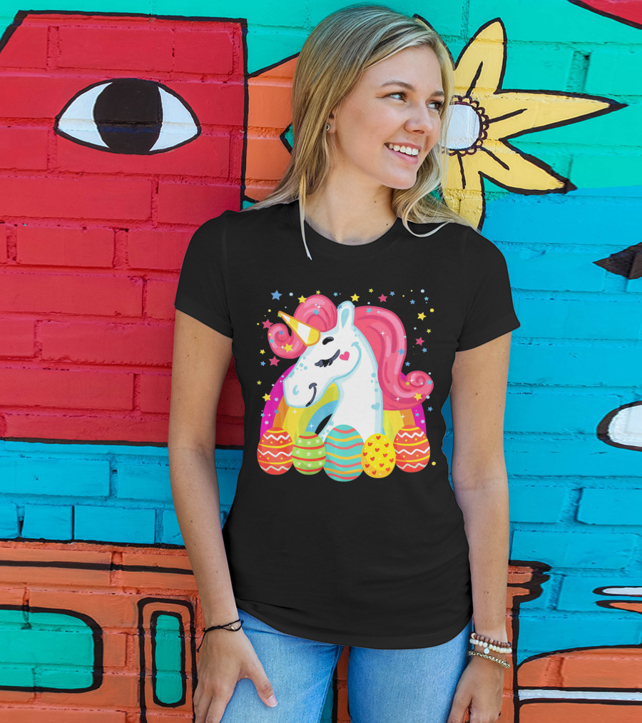 Unicorn With Rainbow Mane And Colorful Easter Eggs T-Shirt