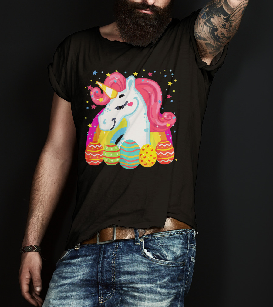 Unicorn With Rainbow Mane And Colorful Easter Eggs T-Shirt