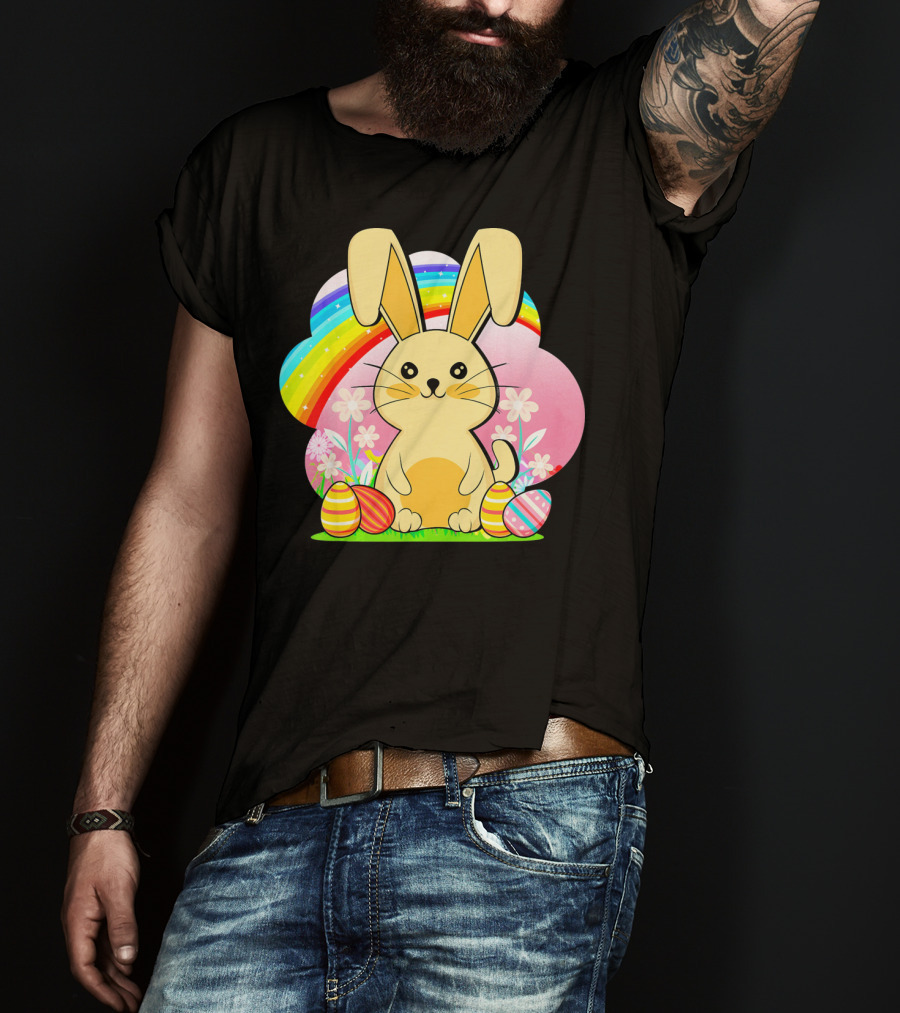 Easter Egg Bunny With Rainbow And Flowers T-Shirt