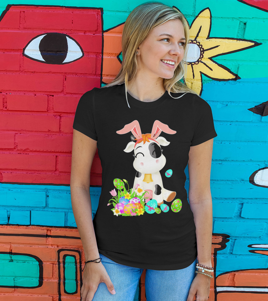 Happy Cow Easter Bunny With Colorful Eggs And Flowers T-Shirt