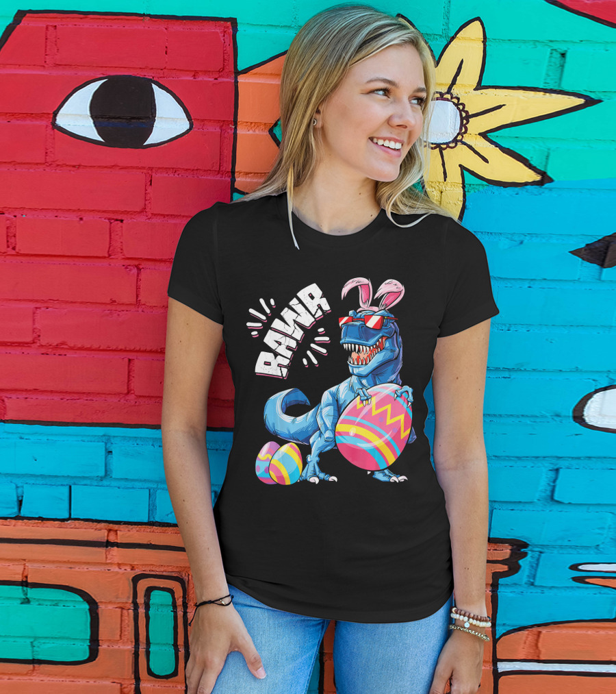 RAWR Easter Bunny Dinosaur T-Rex With Colorful Eggs T-Shirt