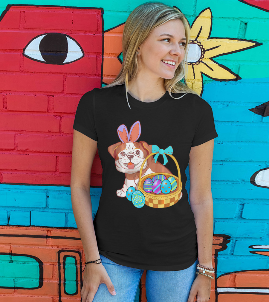 Easter Bulldog Holiday Bunny Ears With Easter Egg Basket T-Shirt