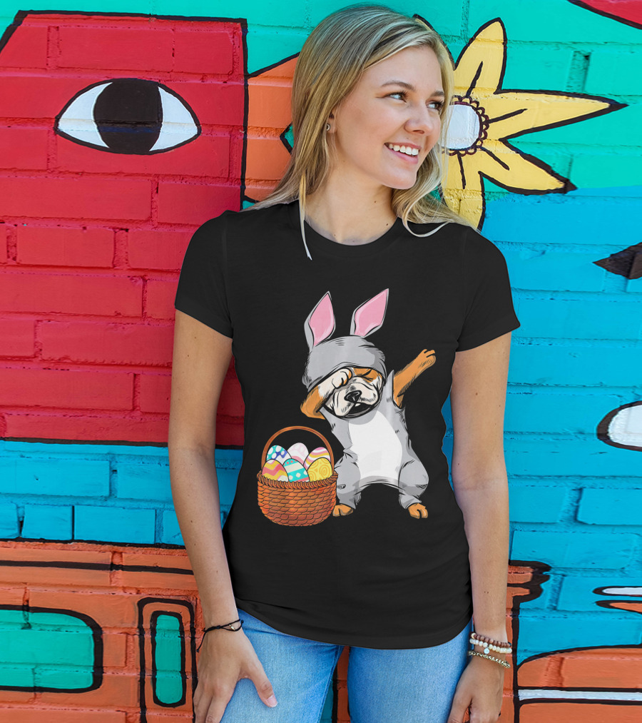 Dabbing Easter Bunny English Bulldog With Basket Of Eggs T-Shirt