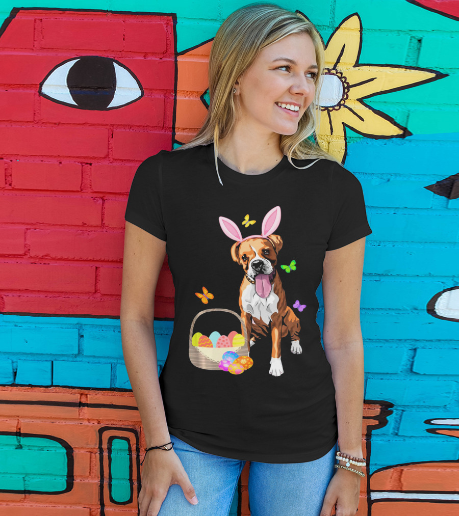 Girls Happy Easter Bunny Boxer Dog With Easter Eggs And Butterflies T-Shirt