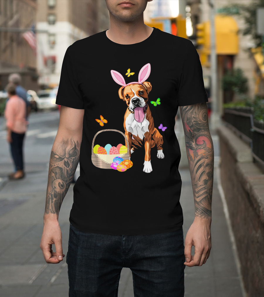 Girls Happy Easter Bunny Boxer Dog with Easter Eggs and Butterflies T-Shirt