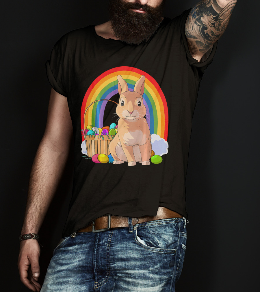 Bunny Rabbit With Easter Eggs And Rainbow For Kids Easter T-Shirt