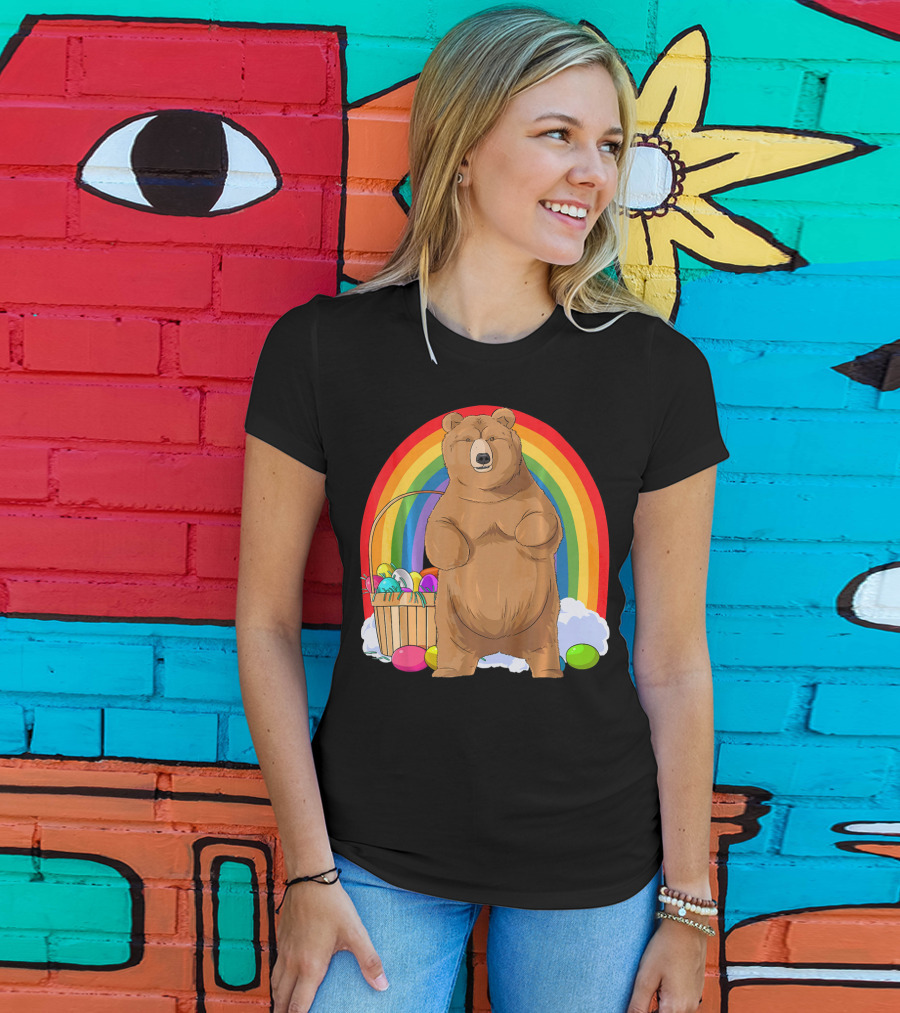 Bear With Easter Egg Basket And Rainbow Background T-Shirt