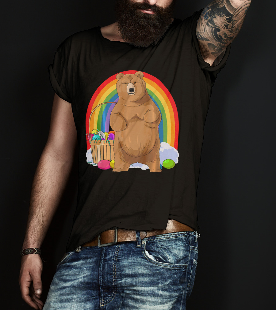 Bear With Easter Egg Basket And Rainbow Background T-Shirt