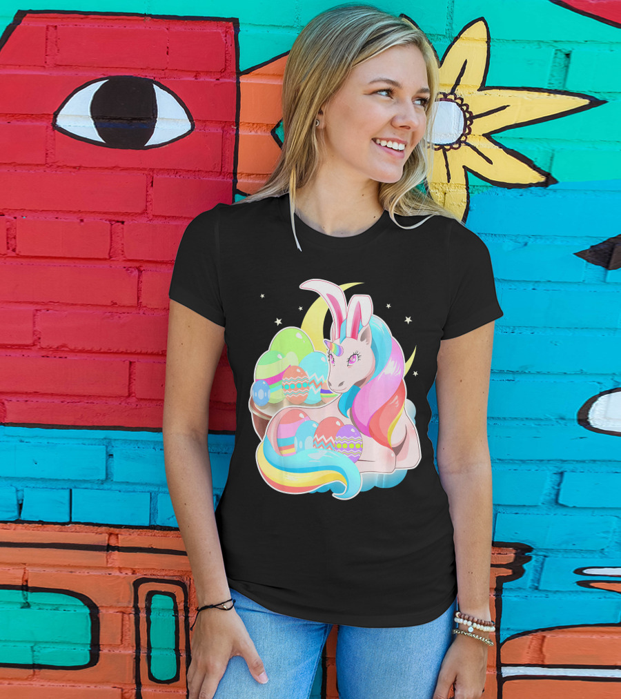 Unicorn Easter Bunny Ears Holiday Pastel Eggs And Moon Stars T-Shirt