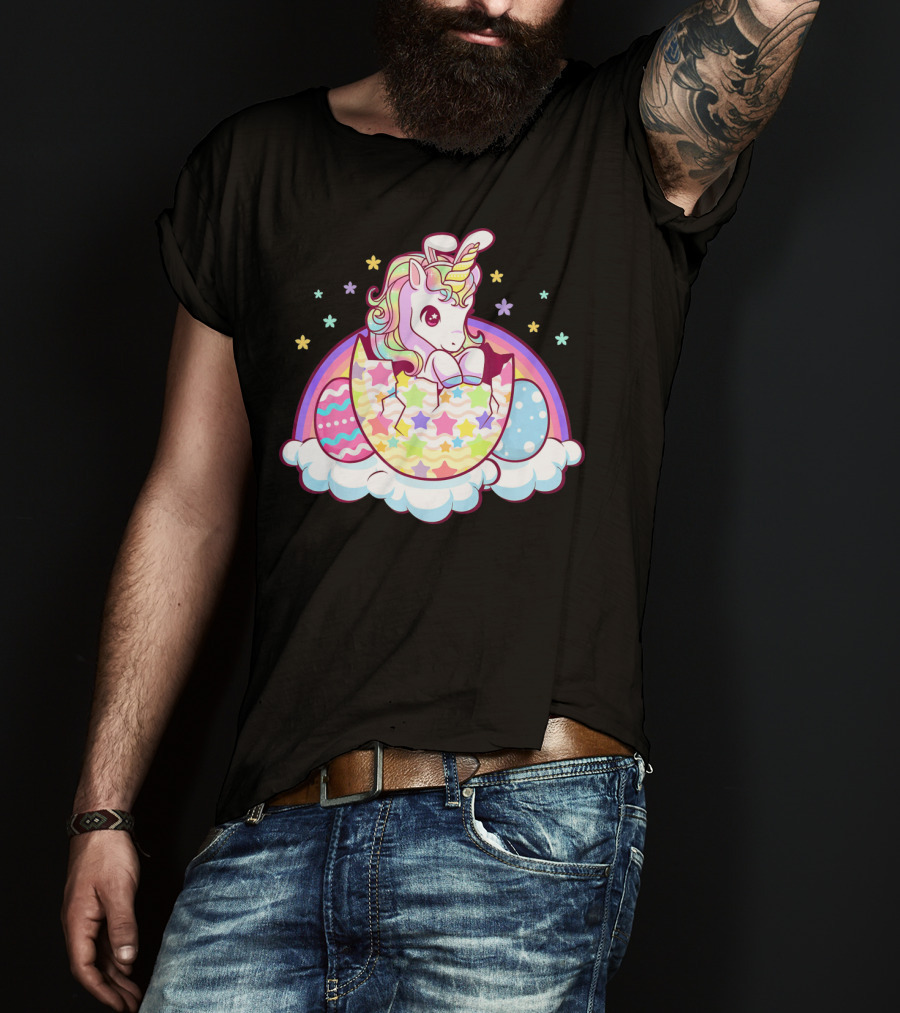 Easter Unicorn Hatching From Egg With Rainbow And Stars T-Shirt
