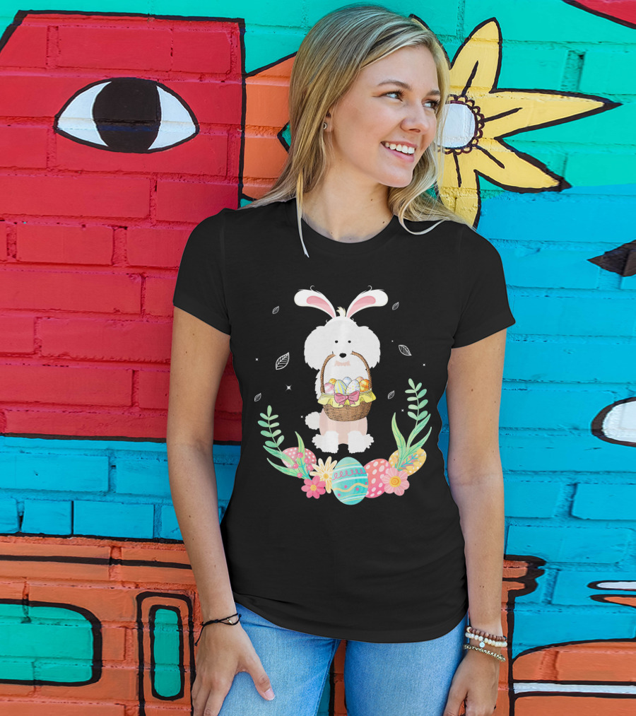 Poodle Bunny Ears Easter Egg Basket Spring Leaves T-Shirt