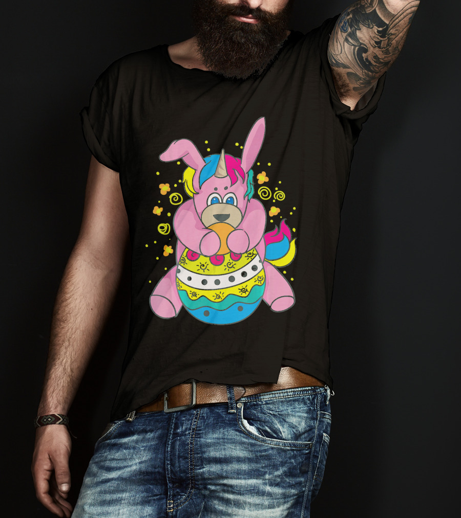 Bunny Unicorn Holding Easter Egg Surrounded By Flowers And Swirls T-Shirt