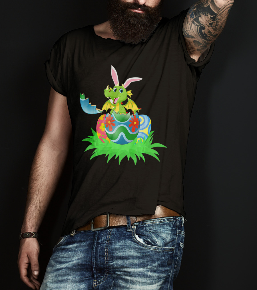 Easter Dragon Egg Hunt With Bunny Ears And Colorful Eggs In Grass T-Shirt