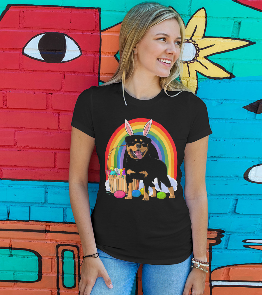 Rottweiler Bunny With Easter Eggs And Rainbow T-Shirt