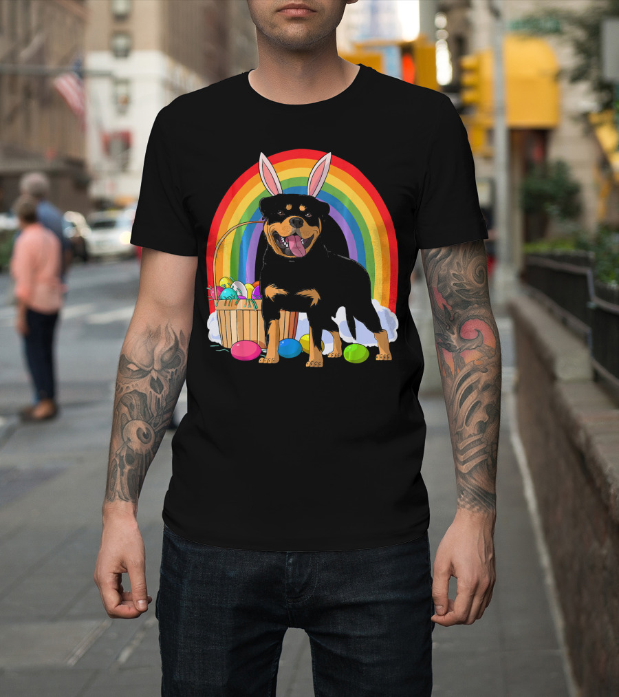 Rottweiler Bunny With Easter Eggs And Rainbow T-Shirt