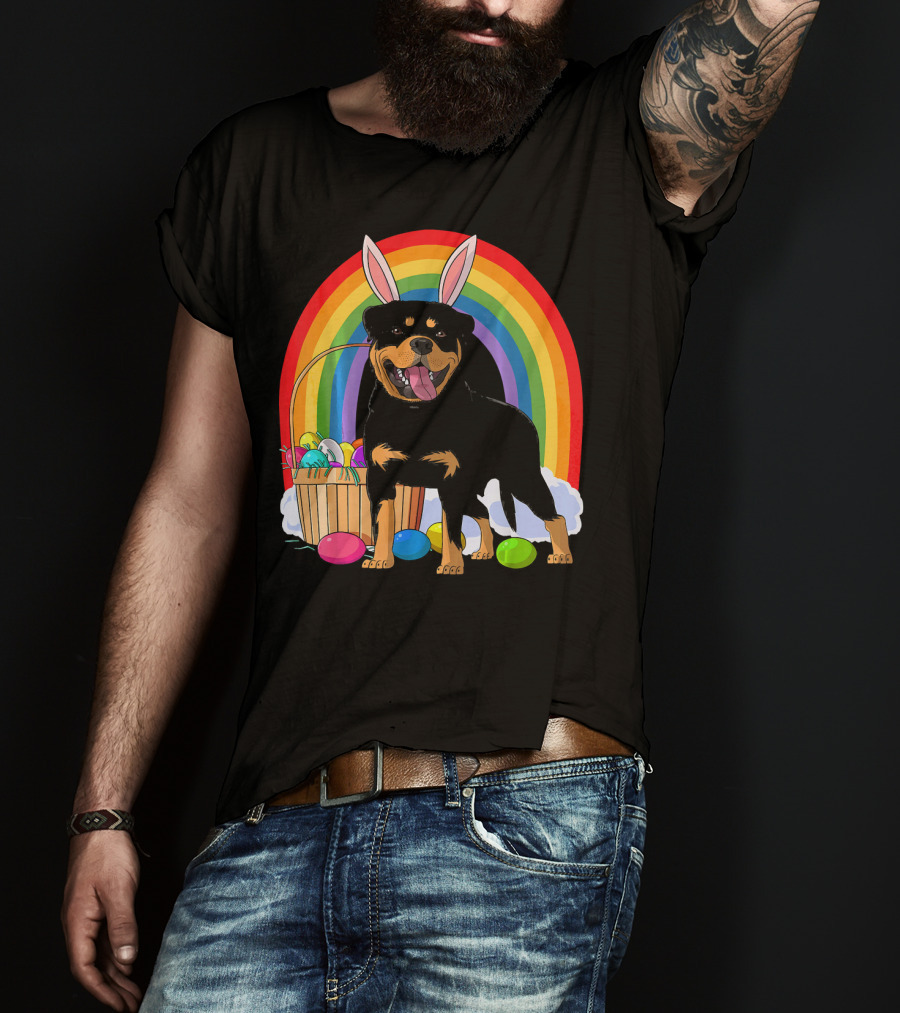 Rottweiler Bunny With Easter Eggs And Rainbow T-Shirt