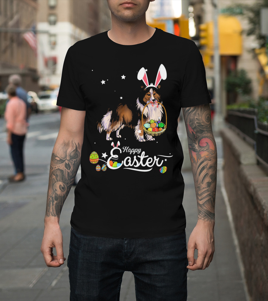 Shetland Sheepdog with Bunny Hat and Easter Eggs Happy Easter T-Shirt