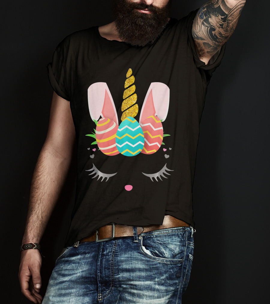 Bunnycorn Easter Bunny Rabbit Face Unicorn Ears Eggs Hearts T-Shirt
