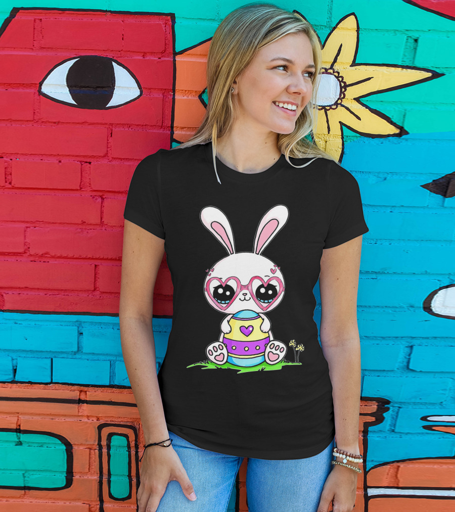 Adorable Easter Bunny With Heart-Shaped Glasses And Colorful Egg T-Shirt