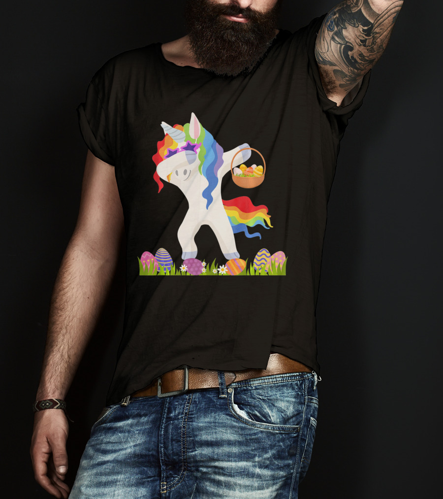 Funny Unicorn Dabbing With Easter Basket And Eggs Happy Easter Day T-Shirt