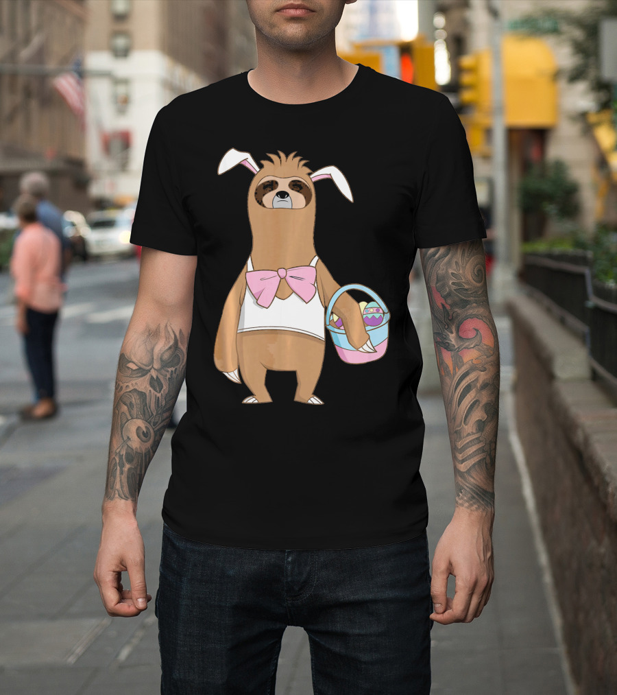 Sloth Easter Bunny Lazy Rabbit with Basket of Eggs T-Shirt
