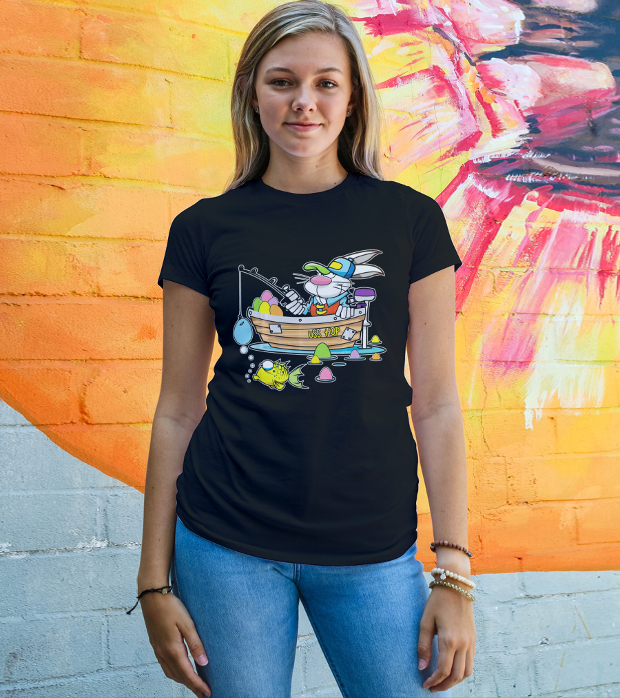 Fun Easter Bunny Fishing USS Hop With Eggs And Colorful Fish T-Shirt