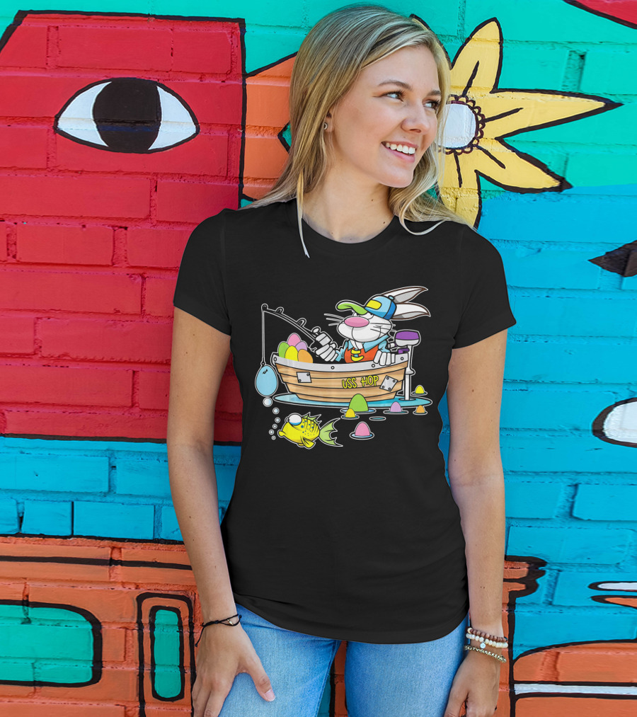Fun Easter Bunny Fishing USS Hop With Eggs And Colorful Fish T-Shirt