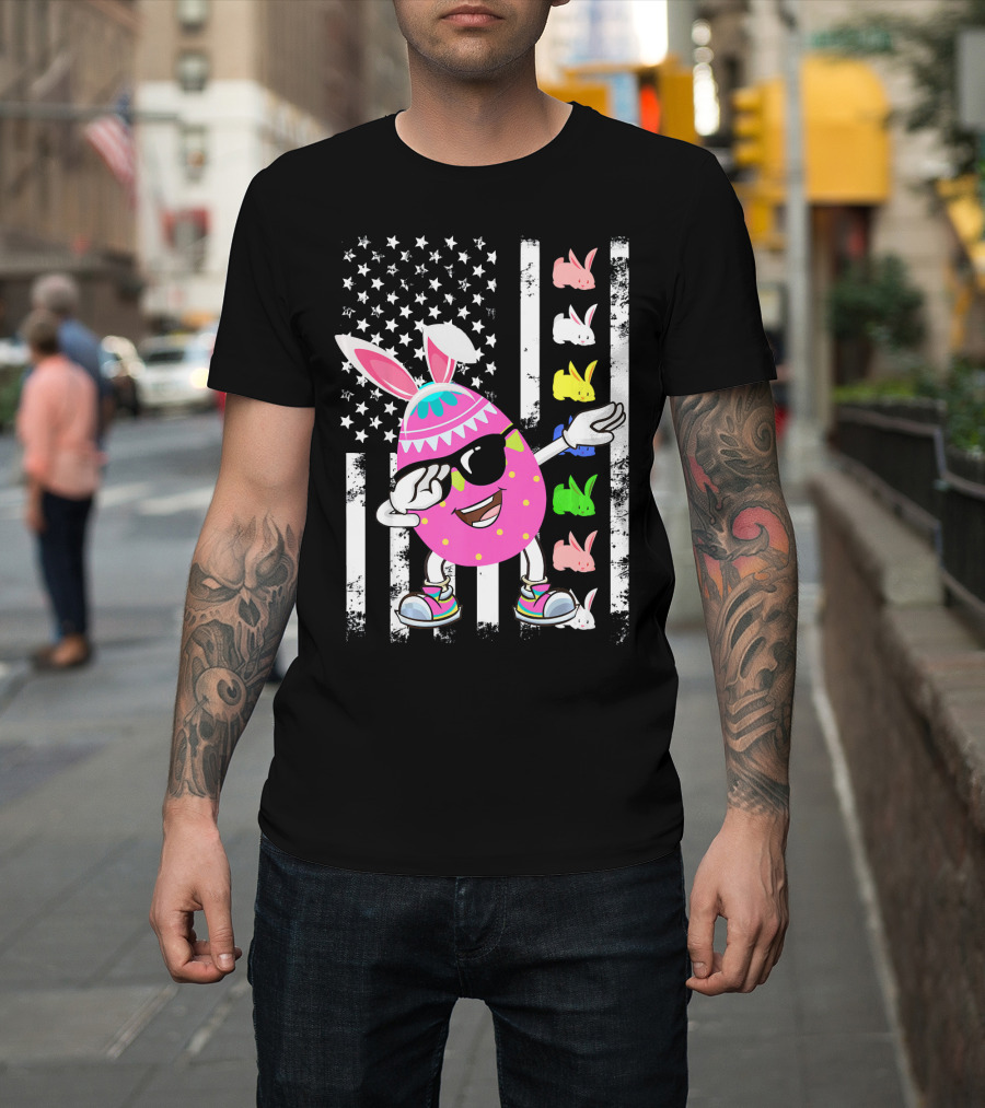 Dabbing Easter Egg Rabbit With American Flag And Bunny Icons T-Shirt