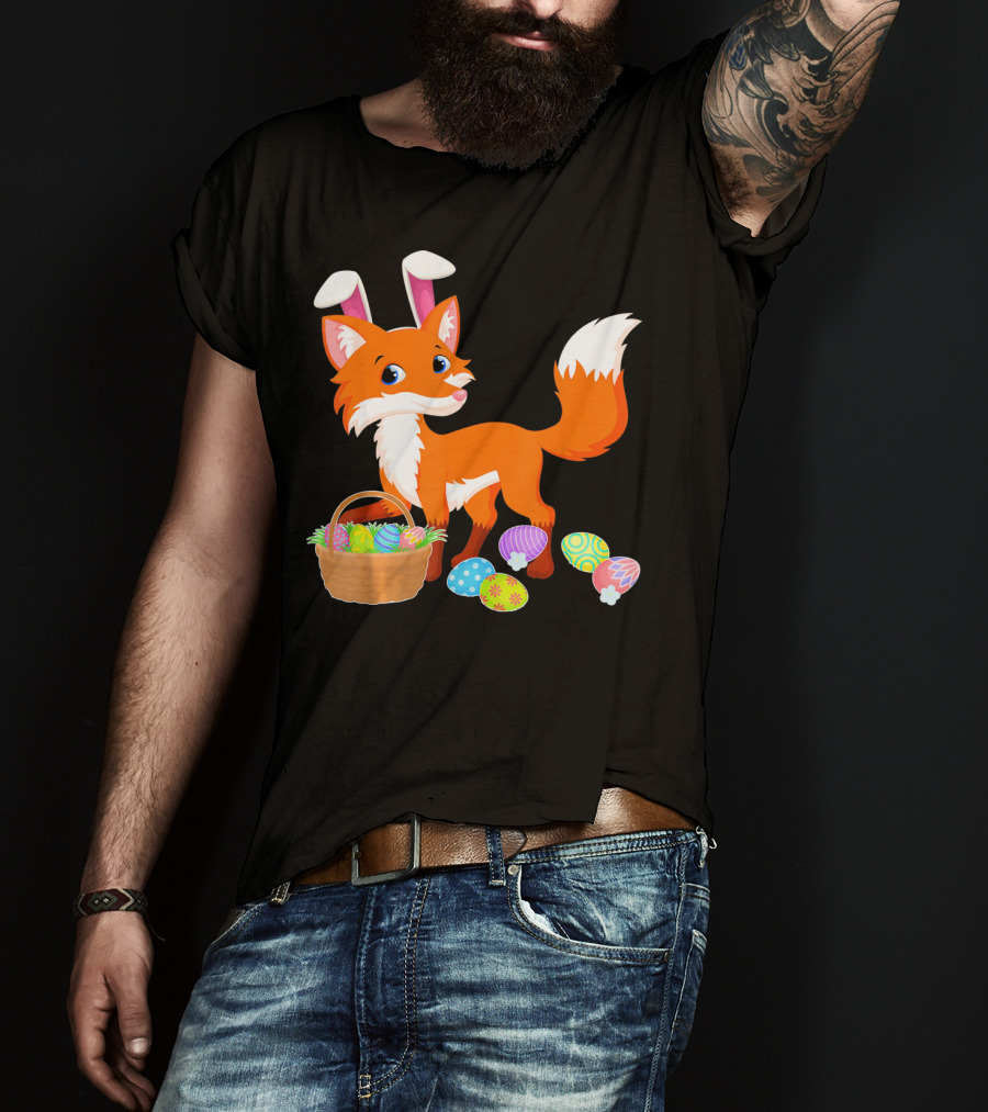 Happy Fox Easter Bunny Ears With Colorful Eggs Basket T-Shirt