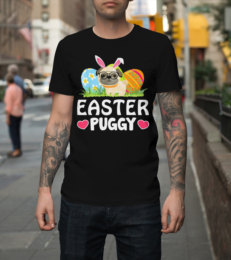 Easter Puggy Cute Dog Pug Funny Easter Bunny Ears and Eggs T-Shirt