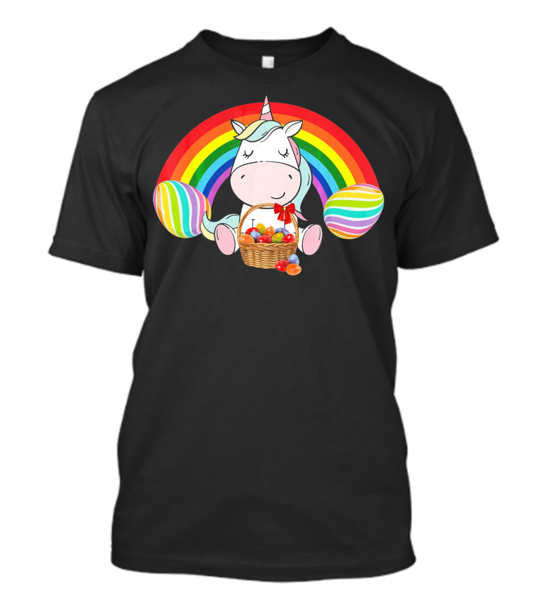 Unicorn Easter With Rainbow And Basket Of Eggs T-Shirt
