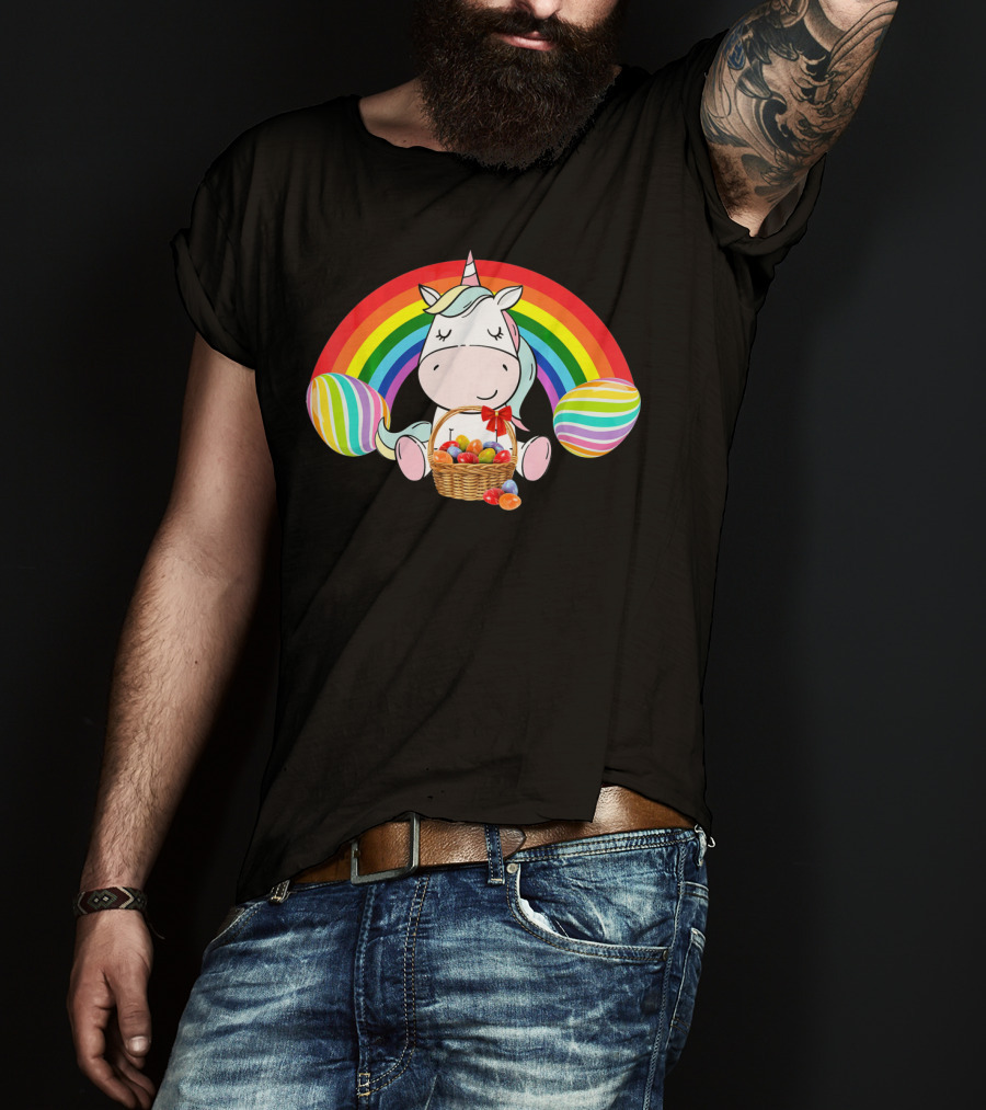 Unicorn Easter With Rainbow And Basket Of Eggs T-Shirt