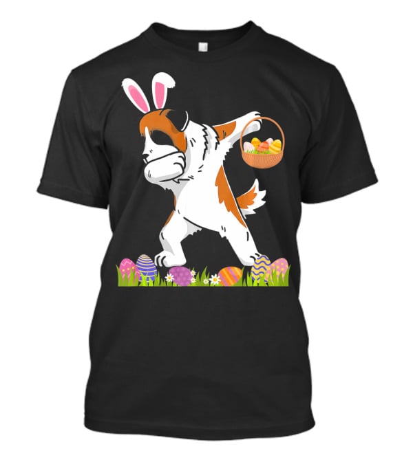 Funny Saint Bernard Dog Dabbing With Easter Bunny Ears And Basket Of Eggs T-Shirt