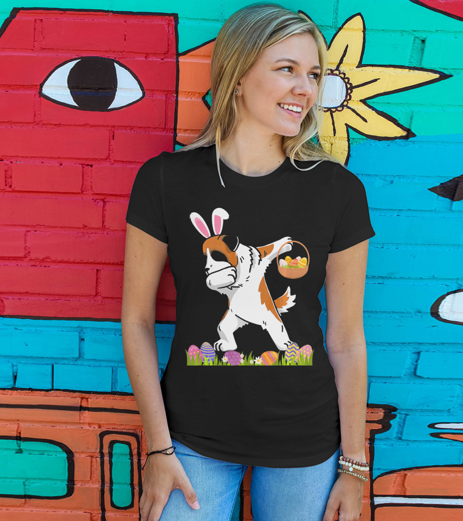 Funny Saint Bernard Dog Dabbing With Easter Bunny Ears And Basket Of Eggs T-Shirt