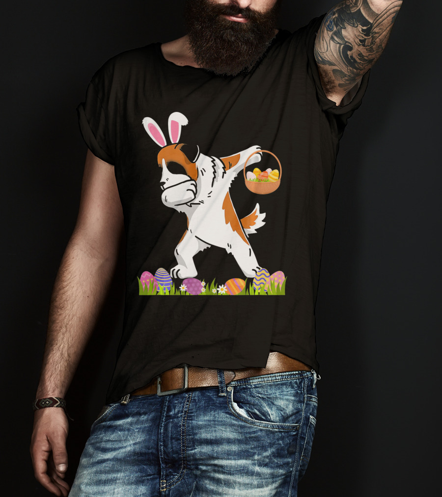 Funny Saint Bernard Dog Dabbing With Easter Bunny Ears And Basket Of Eggs T-Shirt