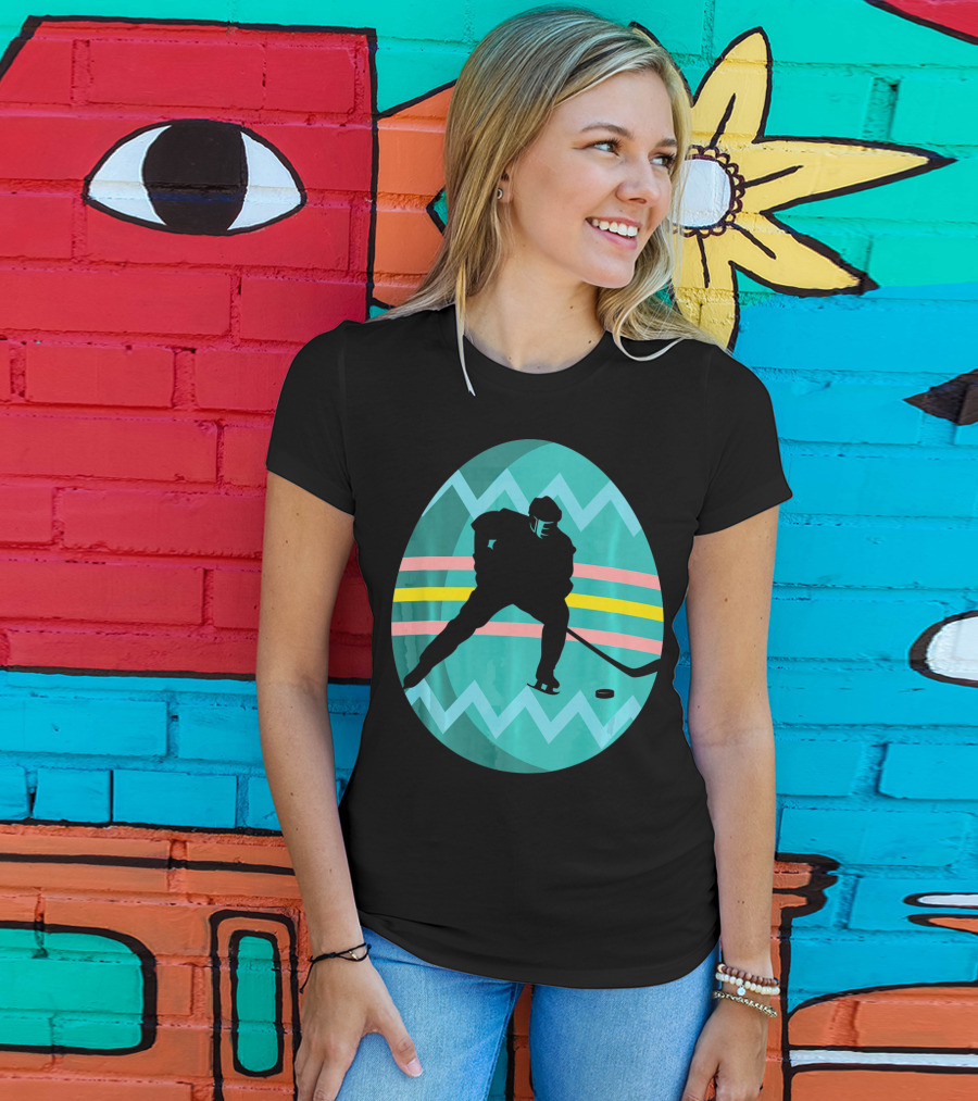 Easter Egg Hockey Silhouette Athlete Zigzag Stripes T-Shirt