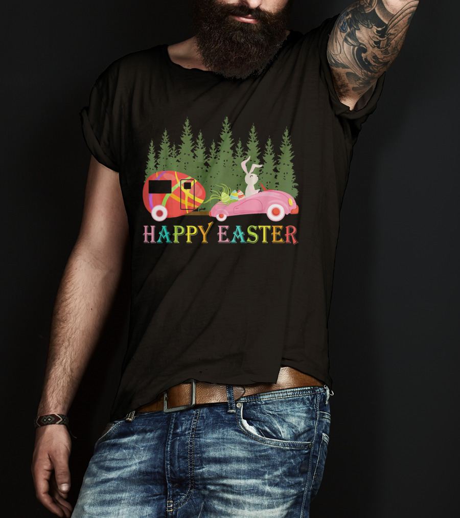 Happy Easter Day Bunny With Egg Camper And Car In Forest T-Shirt