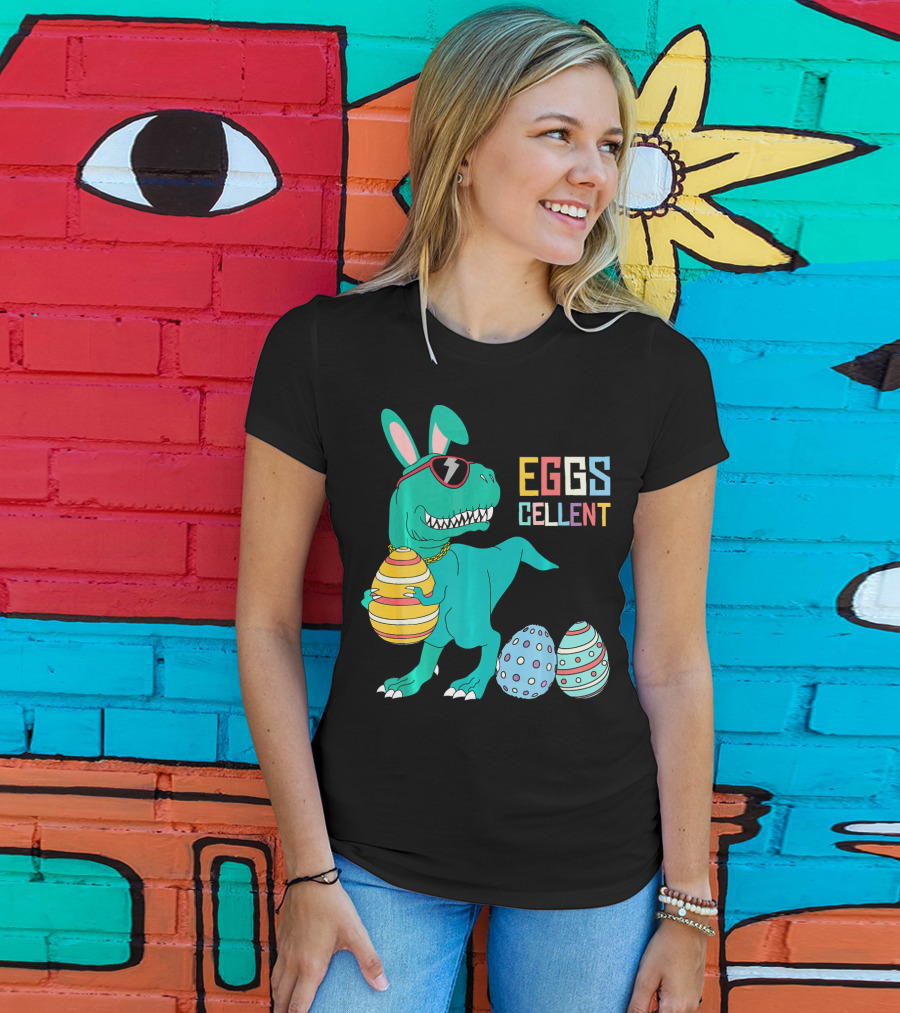 Easter Dinosaur Eggs Cellent T-Rex With Sunglasses And Striped Polka Dot Eggs T-Shirt