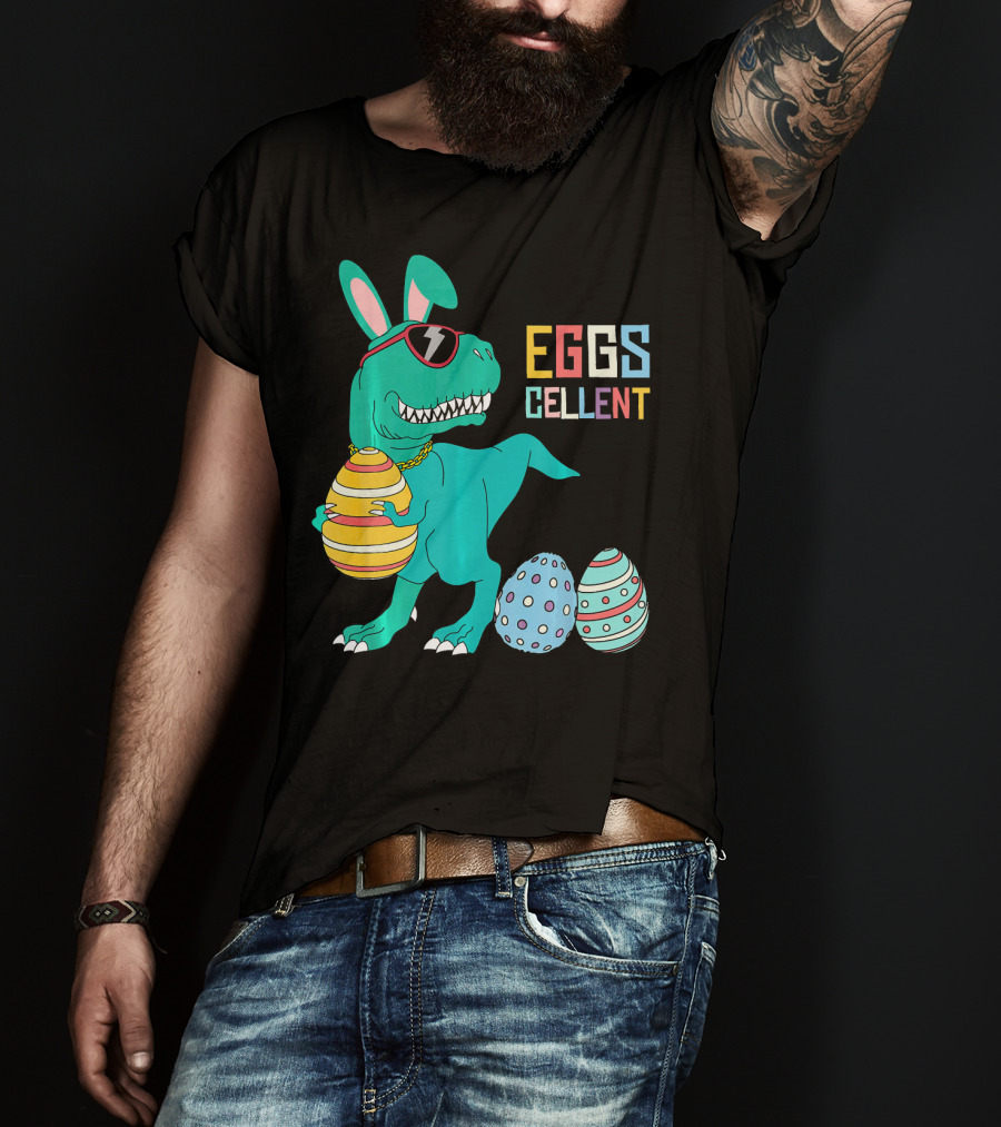 Easter Dinosaur Eggs Cellent T-Rex With Sunglasses And Striped Polka Dot Eggs T-Shirt